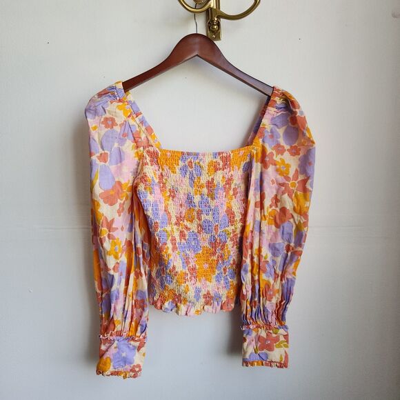 Free People Ariana Top Small Floral Smocked Square Neck Cottagecore Blouse - Picture 1 of 12